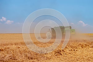 Harvester machine to harvest wheat field working. Combine harvester agriculture machine harvesting wheat field
