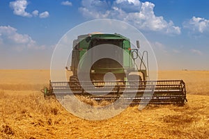 Harvester machine to harvest wheat field working. Combine harvester agriculture machine harvesting wheat field