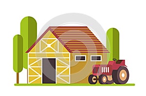 Harvester or tractor and old barn, agriculture and farm