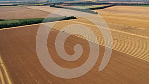 Harvester on a wheat field harvests. Top wiev