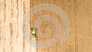 Harvester working in field and mows wheat. Ukraine. Aerial view.