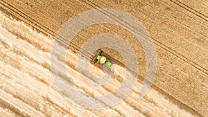 Harvester working in field and mows wheat. Ukraine. Aerial view.