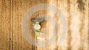 Harvester working in field and mows wheat. Ukraine. Aerial view.