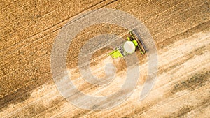 Harvester working in field and mows wheat. Ukraine. Aerial view.