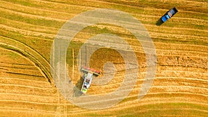 Harvester working in field and mows wheat. Ukraine. Aerial view.