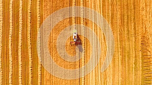 Harvester working in field and mows wheat. Ukraine. Aerial view.