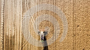 Harvester working in field and mows wheat. Ukraine. Aerial view.