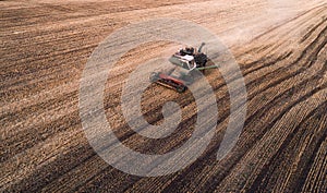 Harvester working in field and mows wheat. Ukraine. Aerial view.