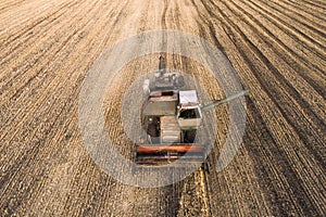 Harvester working in field and mows wheat. Ukraine. Aerial view.