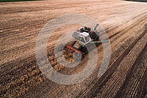 Harvester working in field and mows wheat. Ukraine. Aerial view.