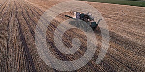 Harvester working in field and mows wheat. Ukraine. Aerial view.