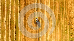 Harvester working in field and mows wheat. Ukraine. Aerial view.