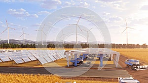 Harvesters on field with solar panels and windmills in the background 4K
