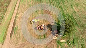 Harvesters stand on wide field between tree and road aerial