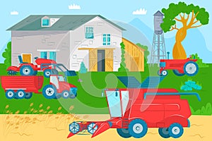 Harvesting with agricultural machinery, vector illustration. Business echnology industrial growth for cultivation