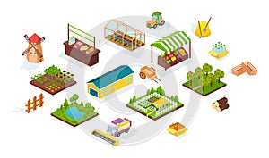 Harvesting and agriculture isometric set. Agricultural machines, fields harvest, local market stall