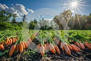 Harvesting carrot in a farm. Farmland with blue sky background.