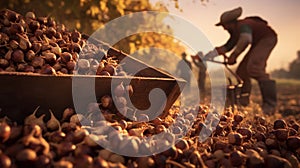 Harvesting chestnuts in the garden.
