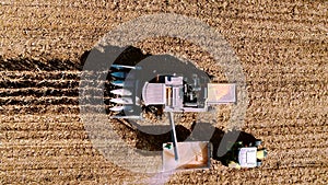Harvesting Corn aerial details. Farmer using combine, tractor and machinery for autumn harvest