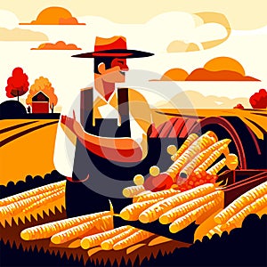 Harvesting of corn. Farmer in hat and apron harvests corn. Vector illustration. AI generated