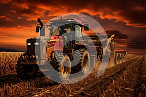 Harvesting corn field with special machine at golden sunset amidst the beauty of golden hour glow