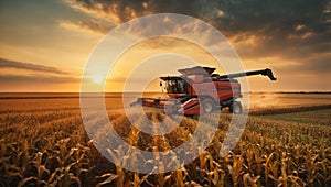 Harvesting of corn fields with combine, Corn picker harvesting a large filed of sweet Corn with sunset sky. ai generative