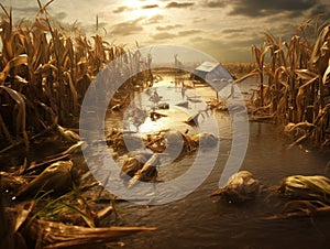 Harvesting corn into the flood water