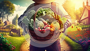 harvesting, a farmer holds a basket of harvested vegetables against the background of a farm, generative ai