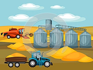 Harvesting grain. Combine harvester, tractor and granary. Agricultural illustration farm rural landscape