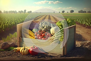 harvesting, harvest in the basket of vegetables, against the background of a farmer's field,Generative AI