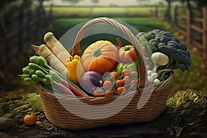 harvesting, harvest in the basket of vegetables, against the background of a farmer's field,Generative AI