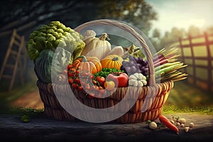 harvesting, harvest in the basket of vegetables, against the background of a farmer's field,Generative AI