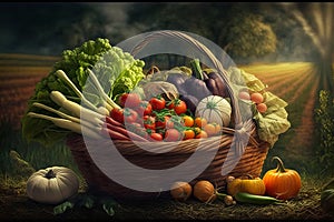 harvesting, harvest in the basket of vegetables, against the background of a farmer's field,Generative AI