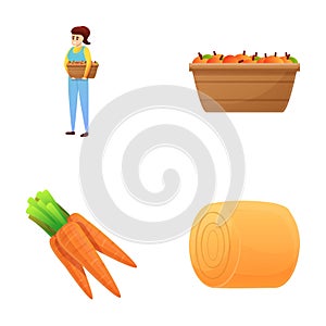 Harvesting icons set cartoon vector. Agriculture worker produce food product