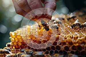 Harvesting liquid gold: A beekeeper delicately extracting fresh honey from honeycombs in the warm glow of sunlight