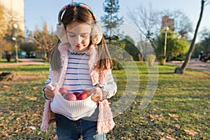 Harvesting, little beautiful girl with apples in autumn park