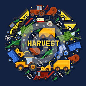 Harvesting machines banner vector illustration. Equipment for agriculture. Industrial farm vehicles, tractors transport