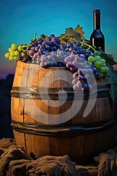 Harvesting Ripe Wine Grapes. wine barrel. vibrant sunset.