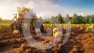 Harvesting robot with automatically detecting of the ripeness of plants. An agricultural robot harvests potatoes in a field. The