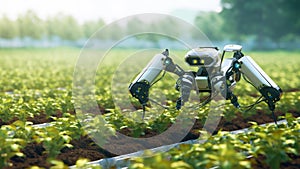 Harvesting robot with automatically detecting of the ripeness of plants. An agricultural robot working in the field. Future