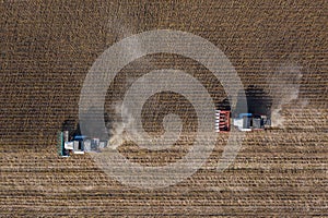 Harvesting of sunflower seeds, aerial view