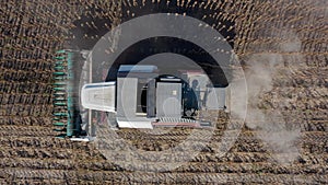 Harvesting of sunflower seeds, aerial view