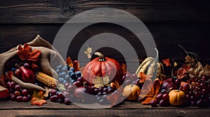 Harvesting, thanksgiving day idea banner with fresh autumn vegetables on wooden table, AI generated
