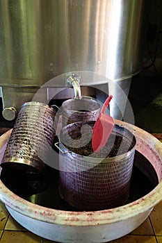 Harvesting works, fermentation of pressed grapes juice in steel vats, Cabernet Sauvignon grape variety from Haut-Medoc vineyards