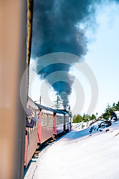 Harz national park Germany, historic steam train in the winter, Drei Annen Hohe, Germany,Steam locomotive of the Harzer