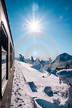 Harz national park Germany, historic steam train in the winter, Drei Annen Hohe, Germany,Steam locomotive of the Harzer