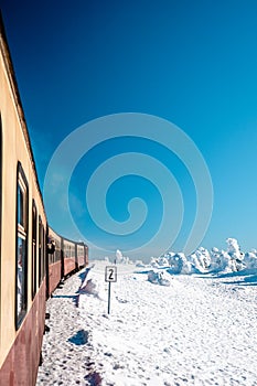 Harz national park Germany, historic steam train in the winter, Drei Annen Hohe, Germany,Steam locomotive of the Harzer