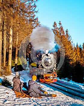 Harz national park Germany, historic steam train in the winter, Drei Annen Hohe, Germany,Steam locomotive of the Harzer