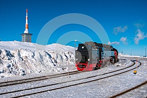 Harz national park Germany, Steam train on the way to Brocken through winter landscape, Famous steam train throught the