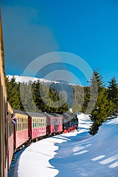 Harz national park Germany, Steam train on the way to Brocken through winter landscape, Famous steam train throught the